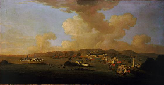 The British fleet advances on the Fortress of Louisbourg en route to victory in the 1745 Siege of Louisbourg.